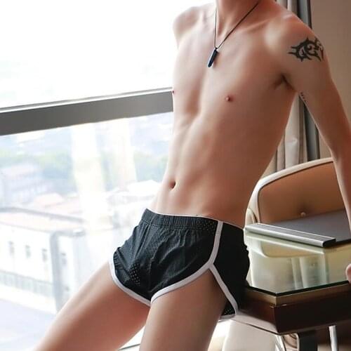 Sexy Mens Split Fork Sleep Bottom Plus Size Nylon Male Casual U Pouch Pajamas Gay Mesh Breathable Home Boxer Shorts Trousers