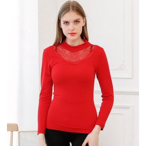 Women Thermal Lace Underwear Tops Fashion & Sexy Fleece Lined Cotton Long Sleeve O-Neck ouc682