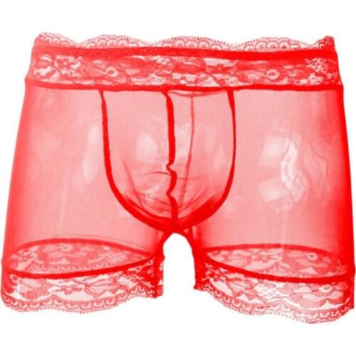 Sexy Gay Underwear Men Lace Boxer Shorts Ultra-thin Transparent Panties Man Solid Breathable U Convex Pouch Underpants Cueca