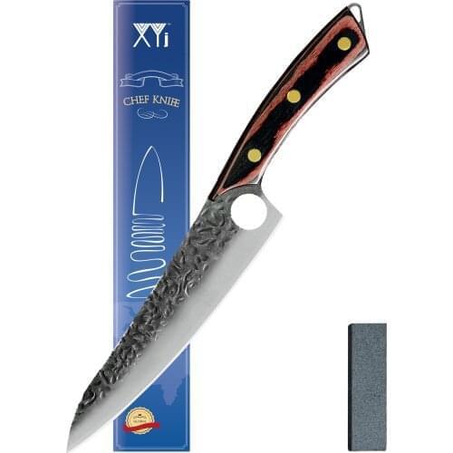 XYJ Full Tang 8 Inch Chef Knife Meat Slicer Stainless Steel Finger Hole Ultra Sharp Non-stick Blade With Wood Handle Whetstone