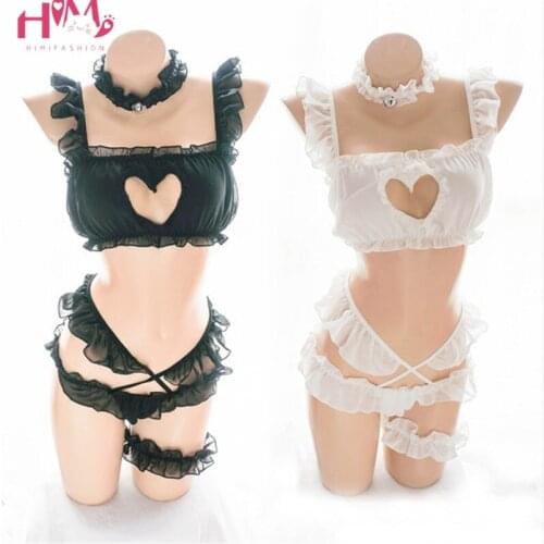 Japanese Baby Doll Sexy Lingerie Womens Lolita Cosplay Sexy Lace Erotic Costumes Kawaii Hollow Heart 5 Piece Set Pajamas