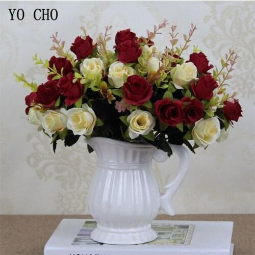 YO CHO Autumn Fake Rose Artificial Flores Bunch Red 6 Heads Roses Flores Home Wedding Party Decoration Silk Flowers Rose Bouquet