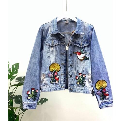 2020 Fashion The New Beading Embroidery Washed Hole Denim Jacket Free Shipping
