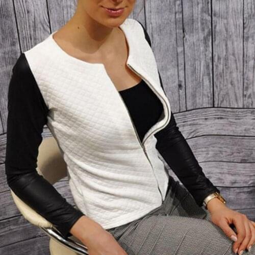Women Faux Leather Patchwork Color Jacket Long Sleeve Slim Fits Zipper Closure Short Coat Streetwear For Daily Wear