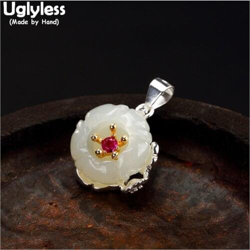 Uglyless 100% Real 925 Sterling Silver Handmade Flower Pendants for Women Natural Jade Floral Necklaces NO Chains Fine Jewelry