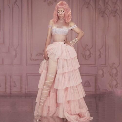 Female Singer Stage Costume Women Sexy Nude Color Rhinestone Jumpsuit Pink Tutu Skirts Party Wear Performance Clothing DN6386