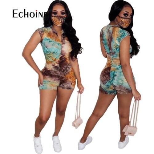 Echoine Women Summer Slim zipper Sweet Sexy Pleated print V-neck bodysuits Beach Skinny Free Playsuits Short Pant Rompers