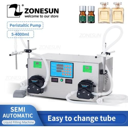 ZONESUN Desktop Semi-automatic Double Nozzles Liquid Gel Beverage Perfume Filling Machine Peristaltic Pump Water Filler 4L