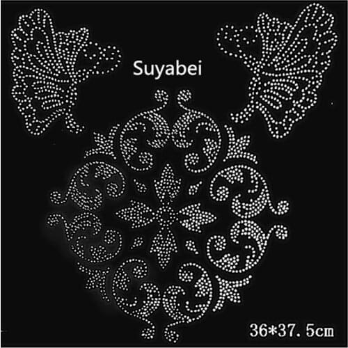 2pc/lot Big butterfly flower hot fix rhinestone transfer motifs iron on applique patches strass iron sticker fpr shirt