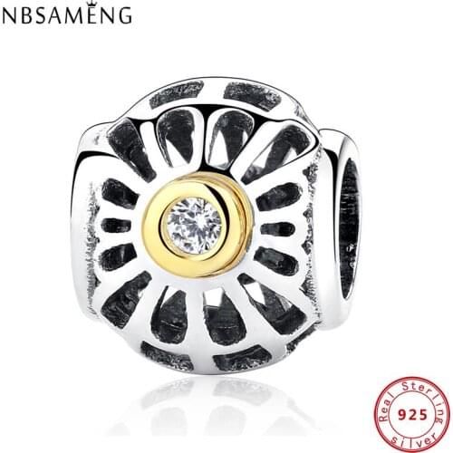 925 Sterling Silver Bead Charm Gold Flower Crystal Hollow Beads Fit Original Bracelets & Bangles Women DIY Jewelry
