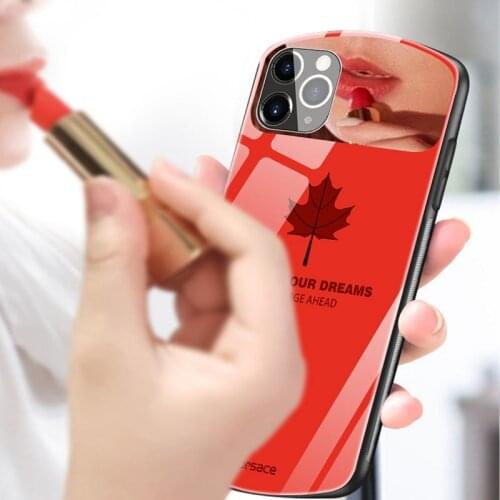 Luxury Cute Oval Maple Leaf Tempered Glass Phone Case For iPhone 12 11 Pro Max XSmax XR X SE 8 7 6 Plus Mirror Silicone Cover