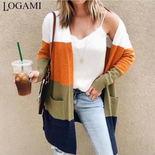 LOGAMI Block Patchwork Long Cardigans Women Pockets Loose Casual Cardigan Female Autumn Coat Sweater
