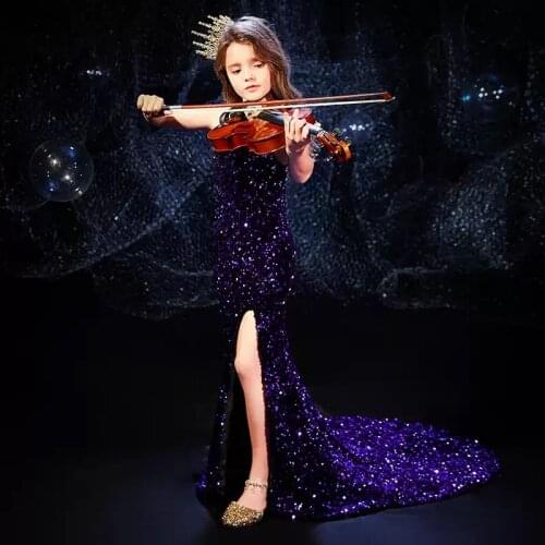 Flower Girl Dresses Halter Sleeveless Elegant Princess Floor-Length Sequined Jersey Trumpet Luxury Purple Kids Party Gown H469