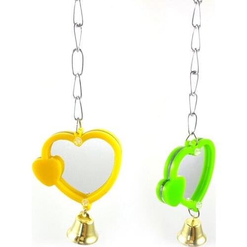 Bird Parrot Mirror Bite Bell Toys heart shaped mirror / round mirror Macaw Parrot Hanging Chew Toys Pet Supplies Color Random