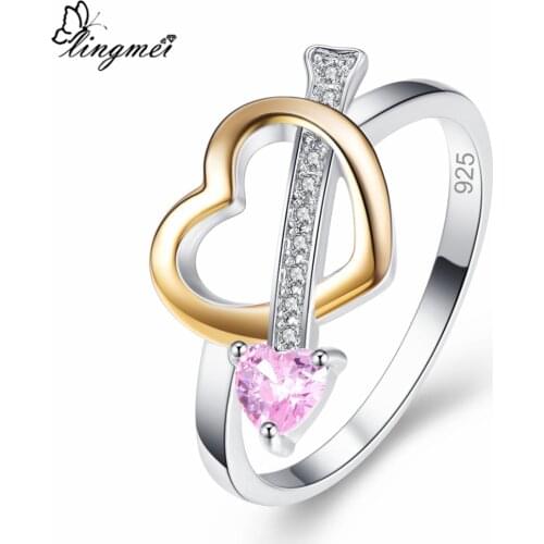 Lingmei Love Heart Women Fashion Jewelry Pink & Yellow & White Zircon Silver Color Ring Size 6 7 8 9 Wedding Bridal Ring Gifts