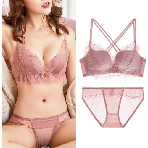 Wasteheart Women Fashion Pink Green Wireless Bra Sets Padded Mesh Cross Strap Cotton Panties Sexy Lingerie Sets Underwear A B