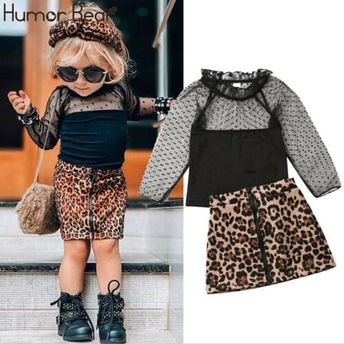 Humor Bear Baby Kids Girls Clothes Sets Leopard Pattern Girl Clothing Suits Lace Long Sleeve Top+Skirt 2Pcs Tracksuit Outfit