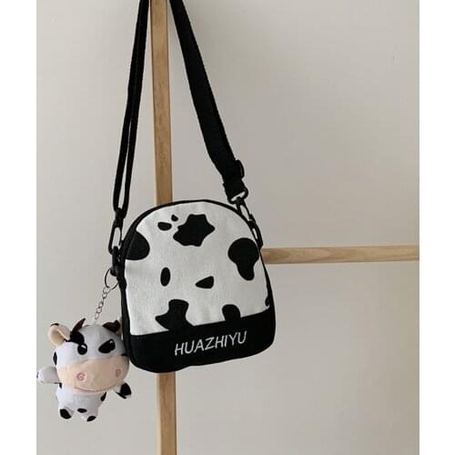 Fashion Cow Milk Printed Women Shoulder Bag Canvas Purse Lady Travel Daily Messenger Satchel Handbags with Pendants
