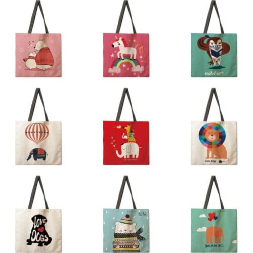 Cartoon animal leisure tote bag linen bag reusable shopping bag outdoor beach bag leisure tote bag