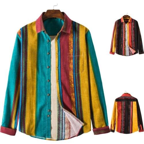 New Trendy Fashion Mens Shirt Handsome Cotton and Linen Shirt Mens Blouse Lapel Long Sleeve Color Vertical Stripes Casual Full