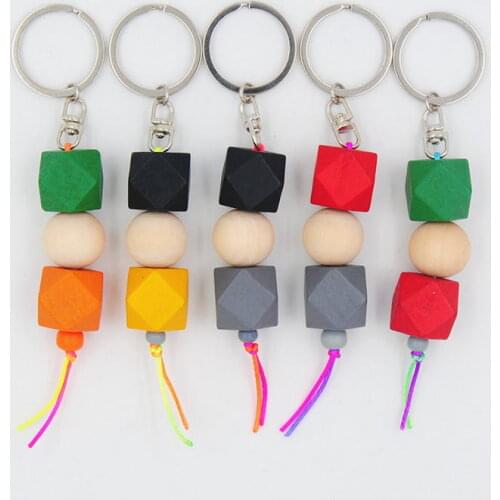 2021 New Colored Faceted Natural Wood Beaded String Keychain for Women Summer Octagonal Wooden Key Chain Charm Bag Accessories