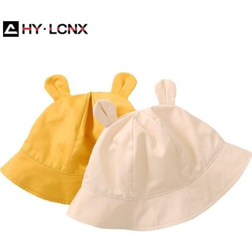 Spring Summer New Child Cotton Breathable Cute Ear Decoration Fisherman Hat Boy Girl Outdoor Travel Solid Color Sun Bucket Hat