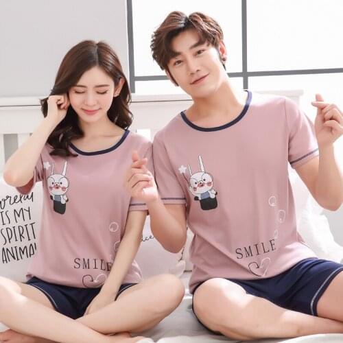 Couple Pajamas Set Summer Cotton Short Sleeve Plus Size Men Sleepwear Cartoon Smlie Rabbit Print Top Kawaii Pink Women Nightwear