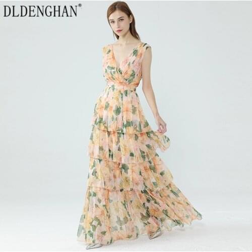 DLDENGHAN Fashion Floral Print Summer Maxi Dress Women V-Neck Backless Elegant Cascading Ruffle Vacation Long Dresses