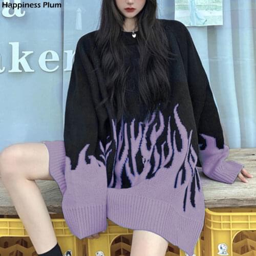 Autumn Winter Harajuku Flame Knitting Batwing Sleeve Sweater Casual Long Women Tide Printed Sweater Loose Boyfriend Pullovers