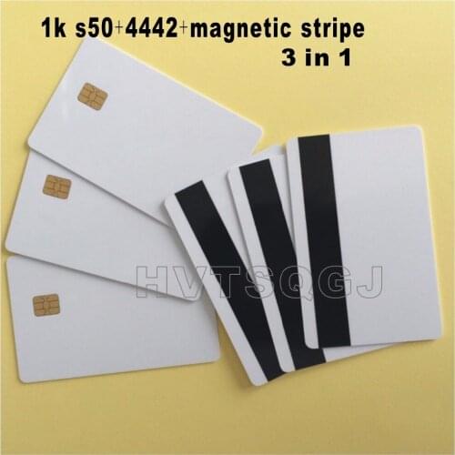 300pcs Free shipping blank magnetic stripe SLE4442 chip pvc IC 3 in 1 card