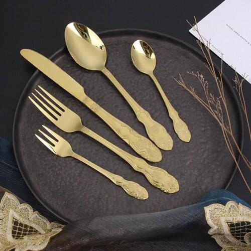 Retro gold pattern stainless steel tableware cutlery set of five dinner set plates and dishes dinnerware set