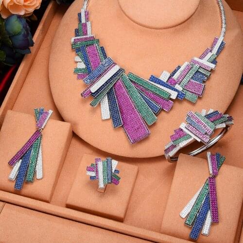 Luxury Russia Trendy Geometric Necklace Earrings for Noble Luxury Women Bridal Wedding Party Jewelry Sets High Quality Gorgeous