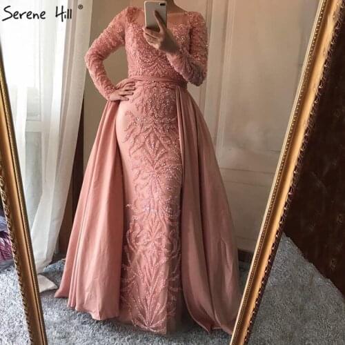 Serene Hill Gray Luxury Mermaid Evening Dress With Train Long Sleeves Crystal Beading Formal Party Gown Navy Blue 2020 CLA6172