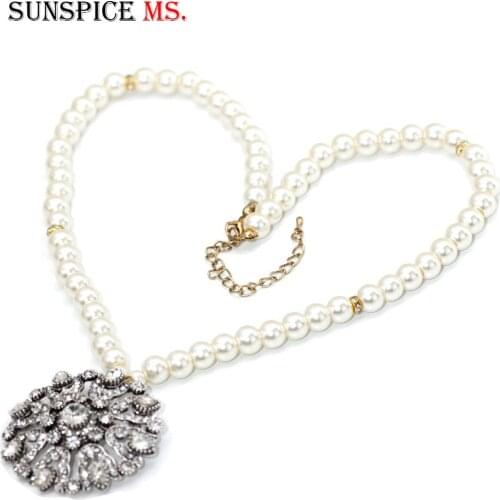 SUNSPICE-MS Antique Silver Color Bead Pendant Necklace Full Crystal Women Ethnic Banquet Jewelry Imitation Pearl Festival Gifts