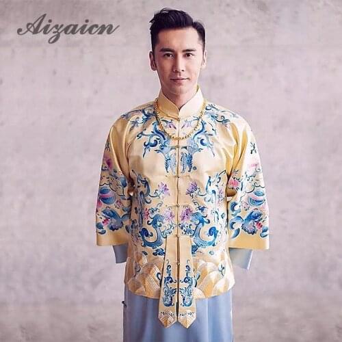 Traditional Chinese Oriental Dresses Embroidery Cheongsam Men Dragon Phoenix Clothing Robe Uomo Vestidos Formales Qipao Top
