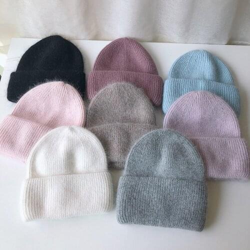 High Quality Unisex Winter Rabbit Fur Hat for Female Solid Knitted Hat for Winter Warm Skullies Korean Bonnet Ladies Casual Cap