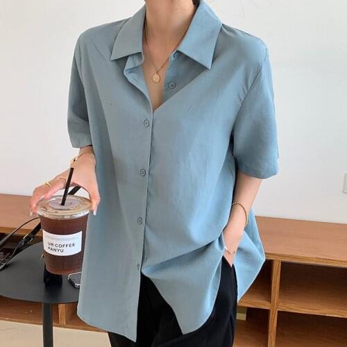 Loose 2021 New Summer Korean New loose wild Solid Turn Down collar slim short-sleeved Women Blouse shirt 510E