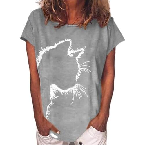 Women Summer Cat Printed T-Shirt Plus Size Casual Short Sleeved Round Neck Tops Ladies Loose Cotton Top Tee