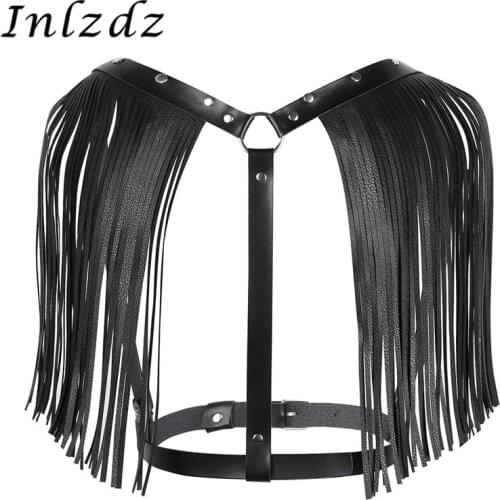 Womens Harness Belt PU Leather Adjustable Body Chest Harness Bondage Belt with Shoulder Tassel Lingerie Sex Gay Homme Tank Top
