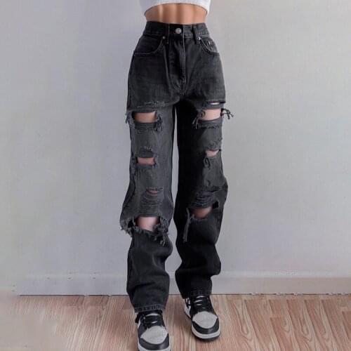 2021 new gray jeans street shooting net celebrity personality raw edge ripped hole beggar pants high waist straight leg pants