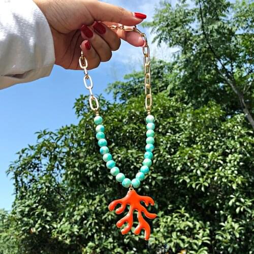 SAY Fashion Beads Green Stones Chain Necklace Alloy Coral Charm Pendant Female Handmade Collar ожерелье Collier Jewelry