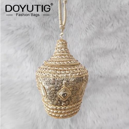 DOYUTIG Vintage Indian Style Womens Hand-Made Beaded Buckets Female Metal Wedding Evening Handbag Fashion Party Clutches F836