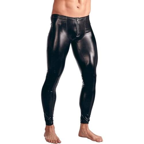 Gothic Mens Wetlook Faux Leather Front Zipper Pants PVC Long Trousers Club Pole Dance Wear Skinny Gay Fetish Male Vinyl Pants