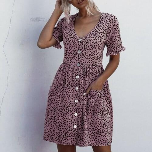 Kili Womens Leopard Print Buttoned Dress Bohemian Short Sleeve Pleated Mini Dress