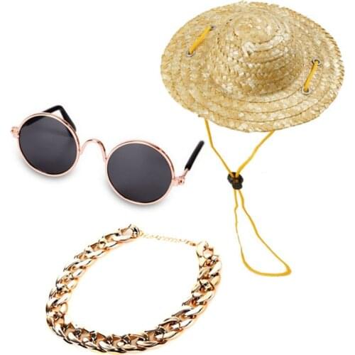 3 Pcs Cool Pet Dog Cat Costume Fashion Sunglasses Chain Collar Straw Hat Tie Set