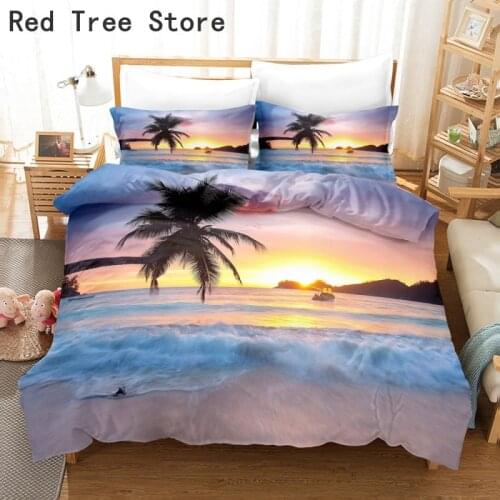 Seaside Scenery Bedding Set Coconut Tree Sunset Printed Duvet Cover Landscape King Twin Full Single Double Queen Size Bed Linen
