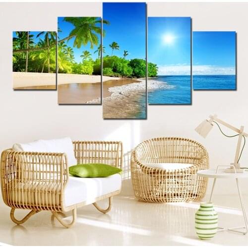 Beautiful Beach Palm Trees and Sea HD Poster Print Modern 5 Panel Frame Wall Art Home Living Room Decor