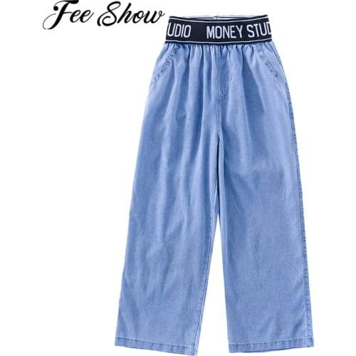 Summer Children Fashion Jeans For Teenage Girls Loose Wide Leg Pants Kids Trousers Cotton Breathable Elastic Waist Denim Pants