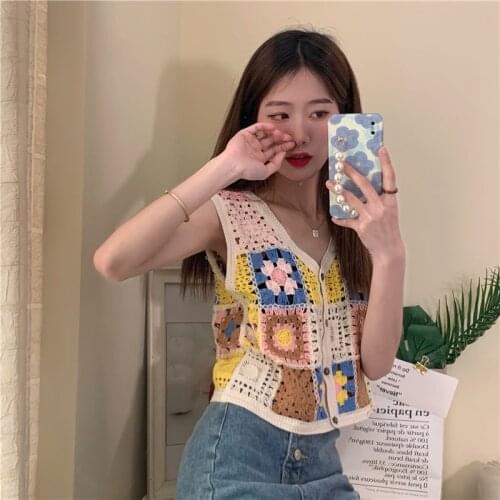 Tank Top Women Contrasting Color Hollow Knit Womens Camisole Summer New Design Jacket Top