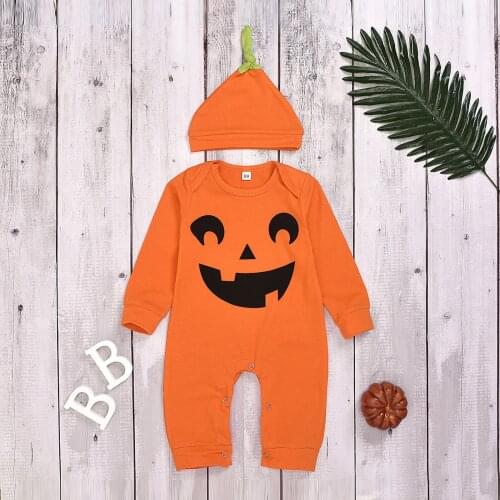 Fashion Newborn Infant Baby Boys Girls Halloween Pumpkin Printed Long Sleeve One-piece Romper Jumpsuit With Hats Costume#p4